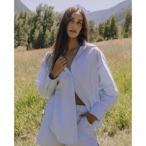 Daily Drills Poplin Button Down Top Blue White Stripe Oversized XS / S